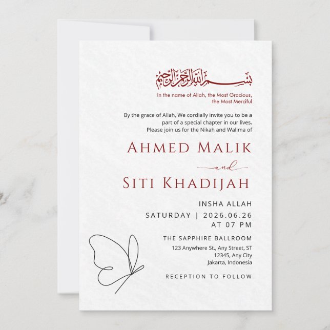 Minimalist Butterfly One Line Art Islamic Wedding Einladung (Vorderseite)