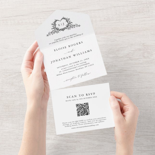 Minimalist Calligraphy Crest monogram QR Code All In One Einladung (Abreißen)