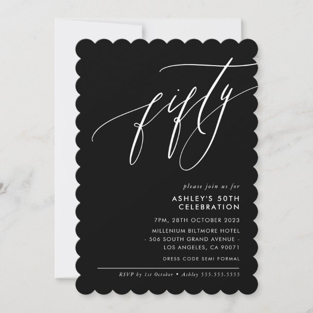 MINIMALIST Calligraphy elegant 50th party black Einladung (Vorderseite)