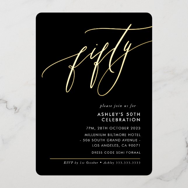 MINIMALIST Calligraphy elegant 50th party black Folieneinladung (Vorderseite)