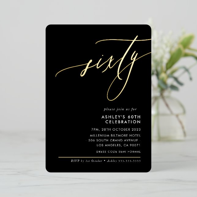 MINIMALIST Calligraphy elegant 60th party black Folieneinladung (Stehend vorne)