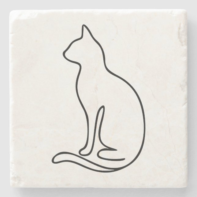 Minimalist Cat Line Art – Black Outline Silhouette Steinuntersetzer (Vorderseite)