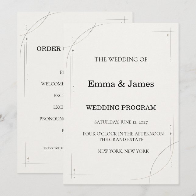 Minimalist Charcoal Line Wedding Ceremony Program Programm (Vorne/Hinten)