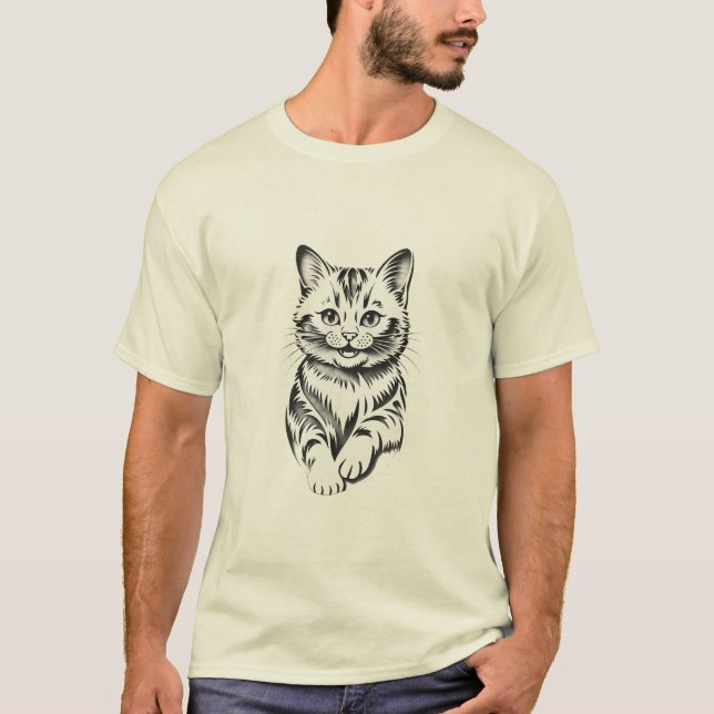 Minimalist Cheerful Cat Simple Line Art T-Shirt (Vorderseite)