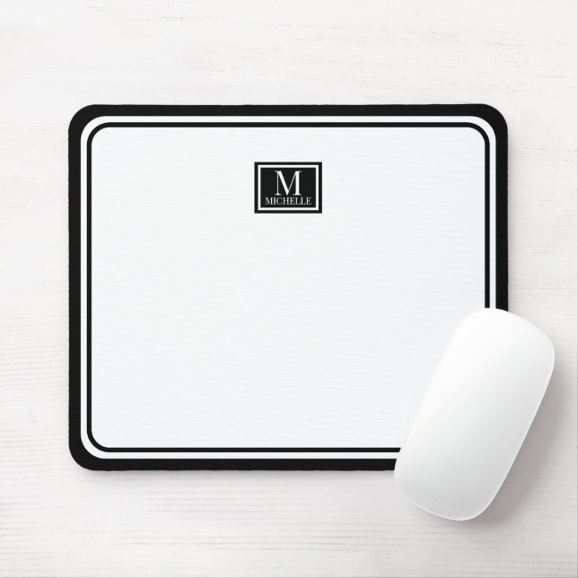 Minimalist Chic Black Monogram Double Boarder Mousepad (Mit Mouse)