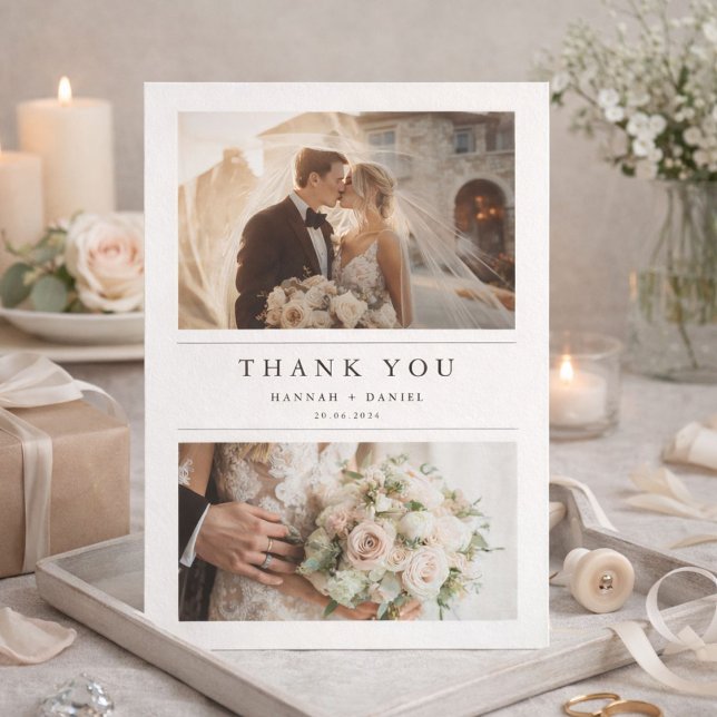 Minimalist Chic Two Photo Wedding Thank You Card Dankeskarte (Von Creator hochgeladen)
