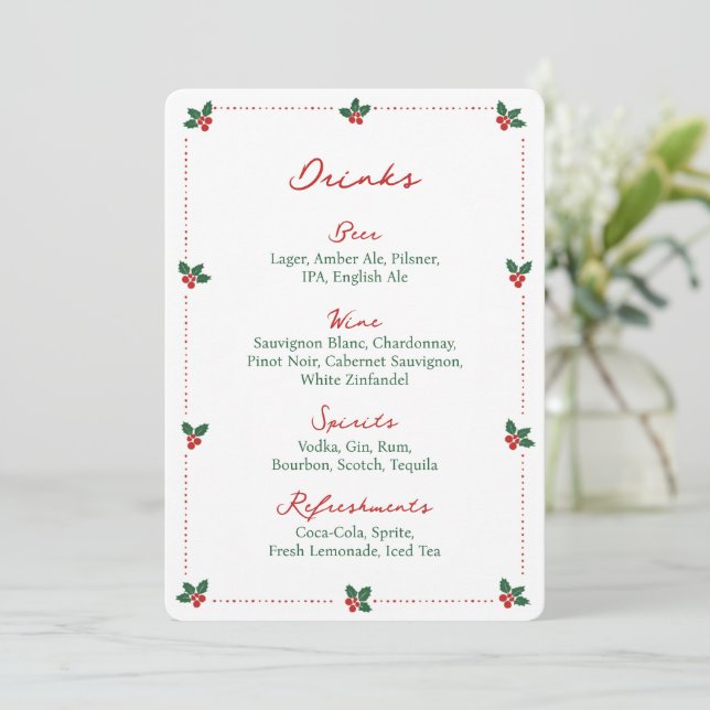 Minimalist Christmas Holly Drink Bar Menu Sign  (Stehend Vorderseite)