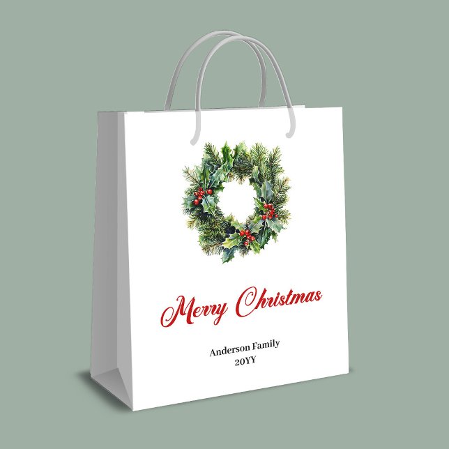 Minimalist Christmas wreath gift bag red green  Mittlere Geschenktüte (Minimalist Christmas wreath gift bag red green gold)