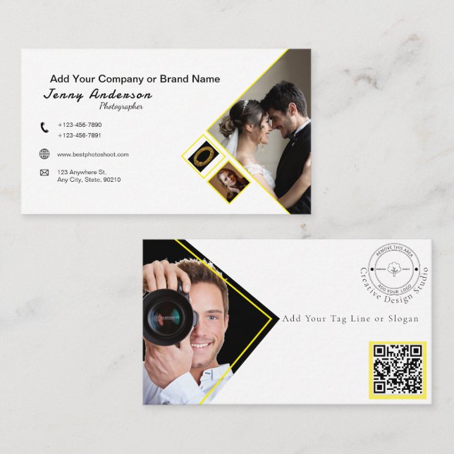 Minimalist Company Logo QR Code Photographer White Visitenkarte (Vorne/Hinten)