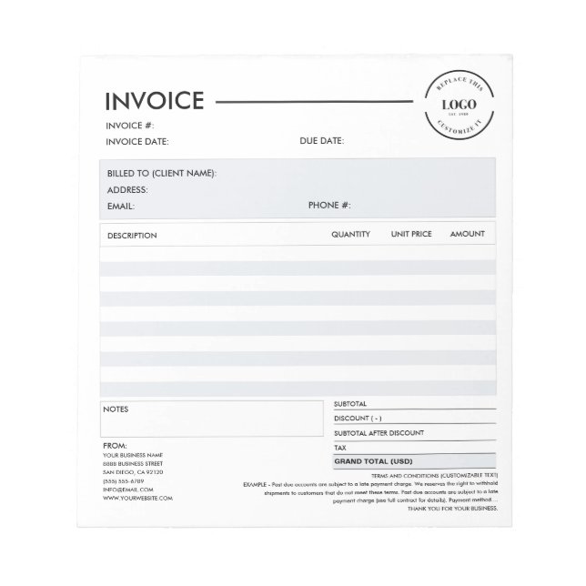Minimalist Custom Business Invoice Sales Receipt Notizblock (Vorderseite)