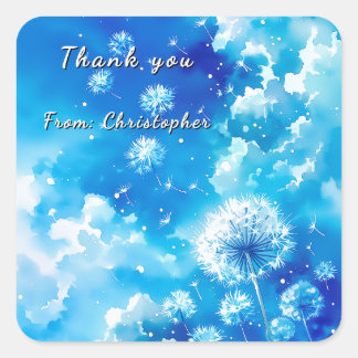 Minimalist Dandelion Blue Sky Thank You Quadratischer Aufkleber
