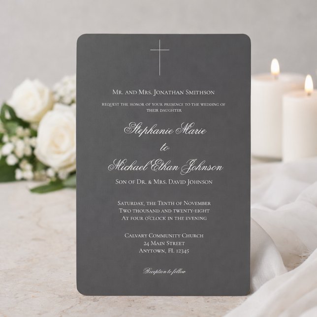 Minimalist Dark Cross Formal Church Wedding Einladung (Von Creator hochgeladen)
