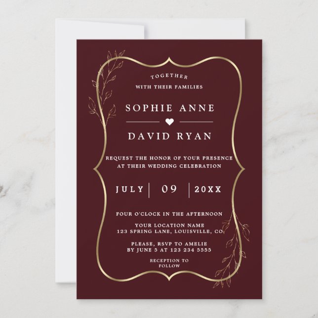 Minimalist Deep Burgundy Gold Line Art Wedding  Einladung (Vorderseite)