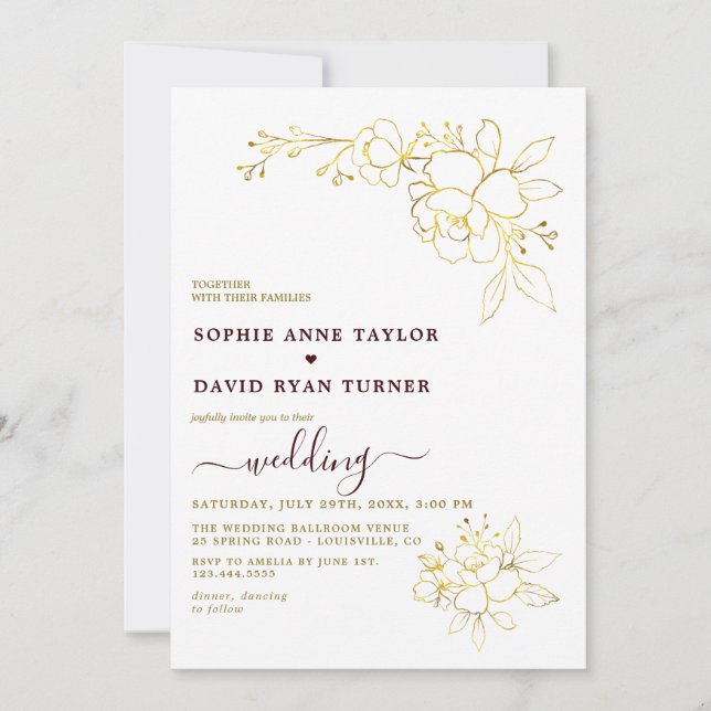 Minimalist Deep Burgundy Gold Simple Wedding Einladung (Vorderseite)
