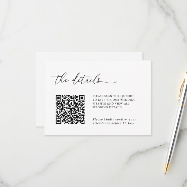 Minimalist Details & QR Code Wedding RSVP Card (Vorderseite/Rückseite Beispiel)