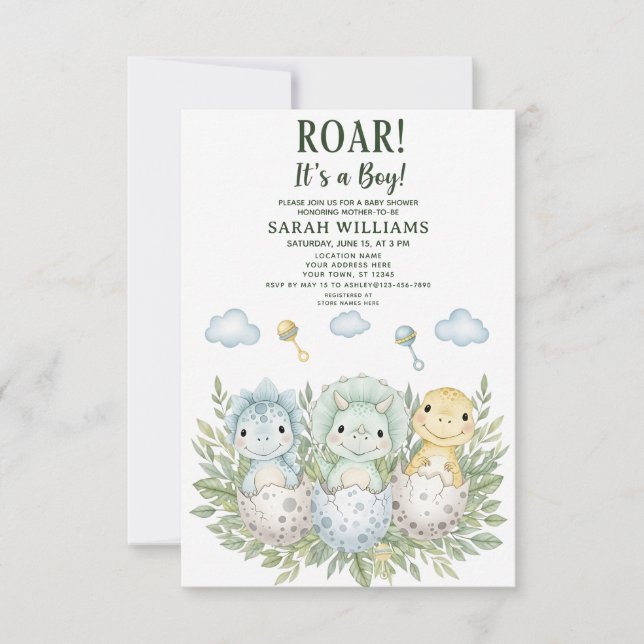 minimalist Dinosaur Baby Shower party boy Roar Einladung (Vorderseite)