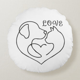 Minimalist Dog and Cat Heart - One Line Art Design Rundes Kissen