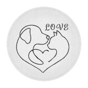 Minimalist Dog and Cat Heart - One Line Art Design Schneidebrett