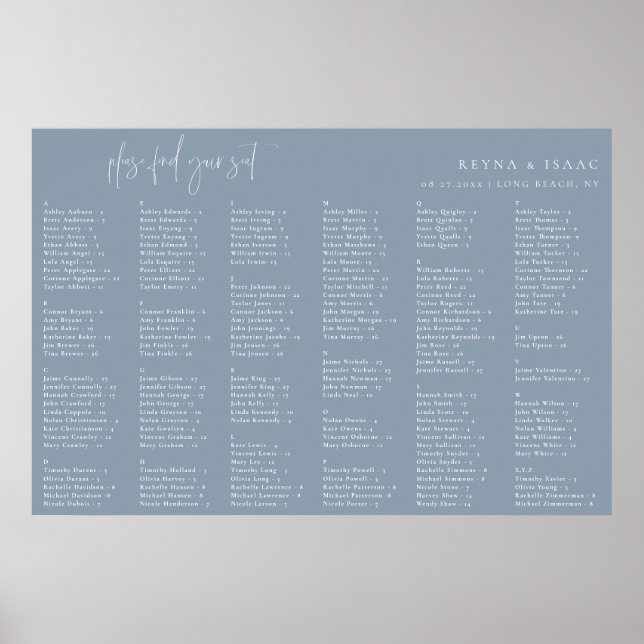 Minimalist Dusty Blue Alphabetical Seating Chart Poster (Vorne)