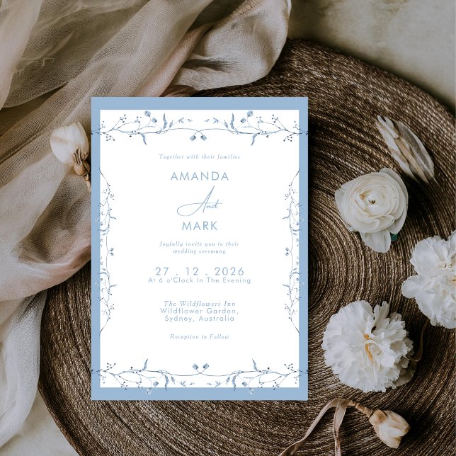 Minimalist Dusty Blue Chinoiserie Floral Wedding Einladung (Von Creator hochgeladen)