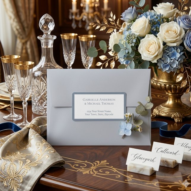 Minimalist Dusty Blue Elegant Monogram Wedding Adressaufkleber (Von Creator hochgeladen)