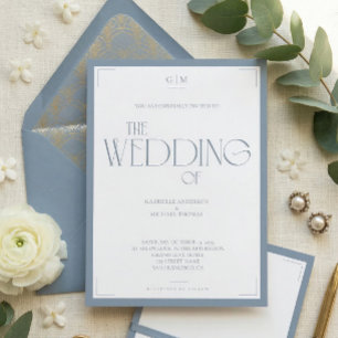 Minimalist Dusty Blue Elegantes Monogramm Hochzeit Einladung