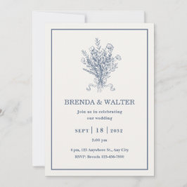 Minimalist Dusty Blue Floral Sketch Wedding Einladung