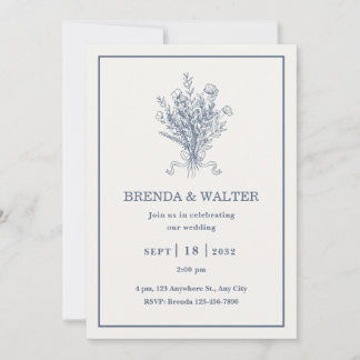 Minimalist Dusty Blue Floral Sketch Wedding Einladung