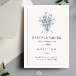 Minimalist Dusty Blue Floral Sketch Wedding Einladung