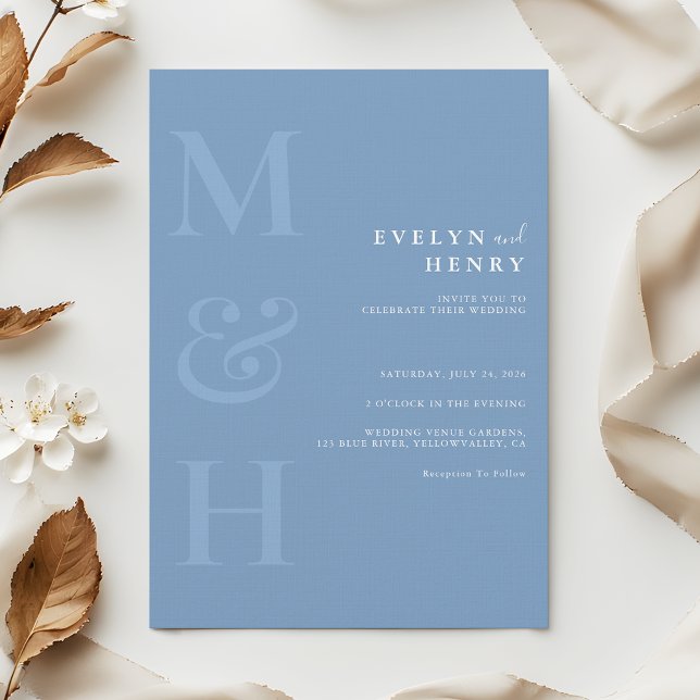 Minimalist Dusty Blue Monogram Simple Wedding Einladung (Von Creator hochgeladen)