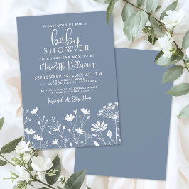 Minimalist Dusty Blue Wildflower Baby Shower Einladung