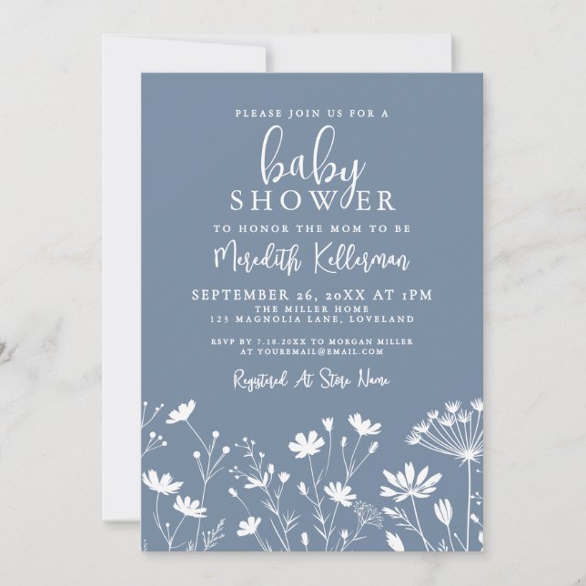 Minimalist Dusty Blue Wildflower Baby Shower Einladung (Vorderseite)