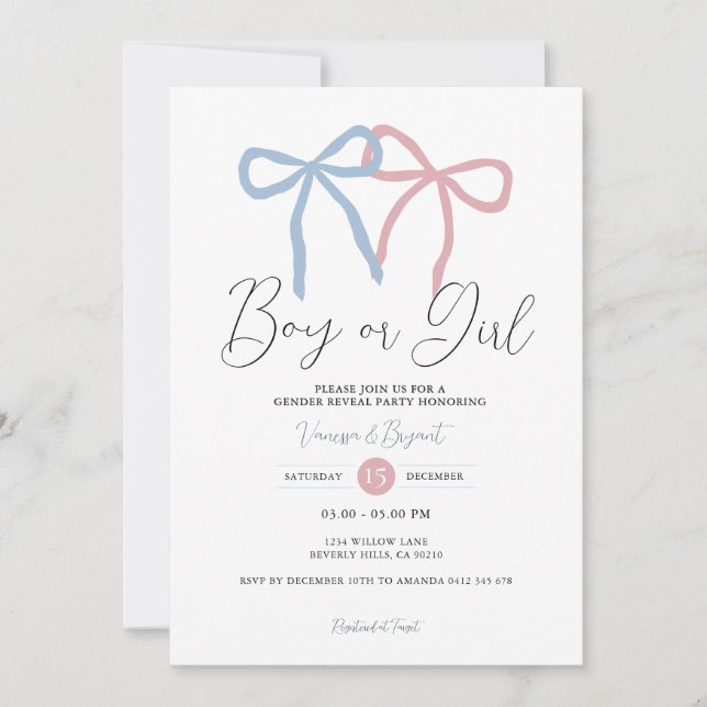 Minimalist Dusty Pink Blue Ribbon Gender Reveal Einladung (Vorderseite)
