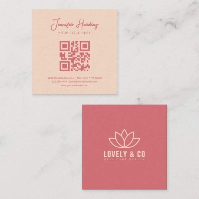 Minimalist Dusty Rose Cream Beauty QR Code Quadratische Visitenkarte (Vorne/Hinten)