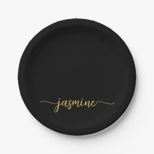 Minimalist Einfach Schwarz Gold Weiblich Monogramm Pappteller