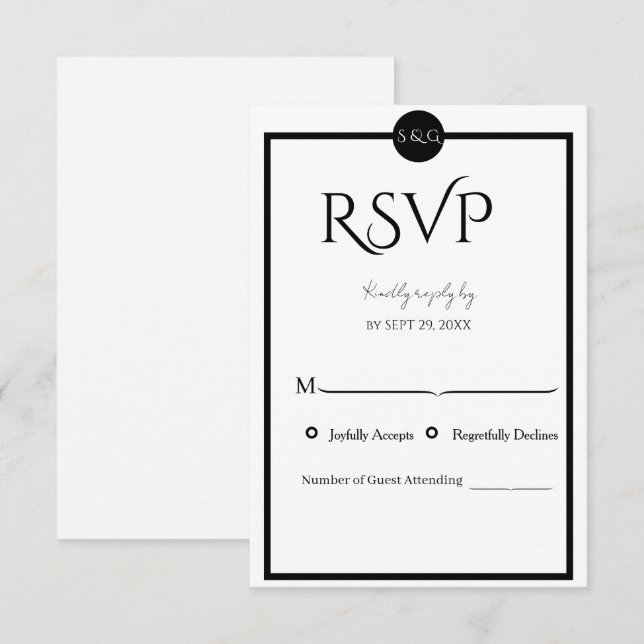 Minimalist Elegant Black & White Wedding RSVP Karte (Vorne/Hinten)