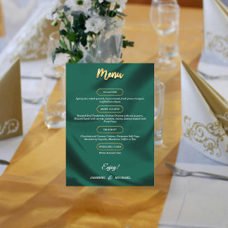 Minimalist Elegant Emerald & Gold Script Wedding Menükarte