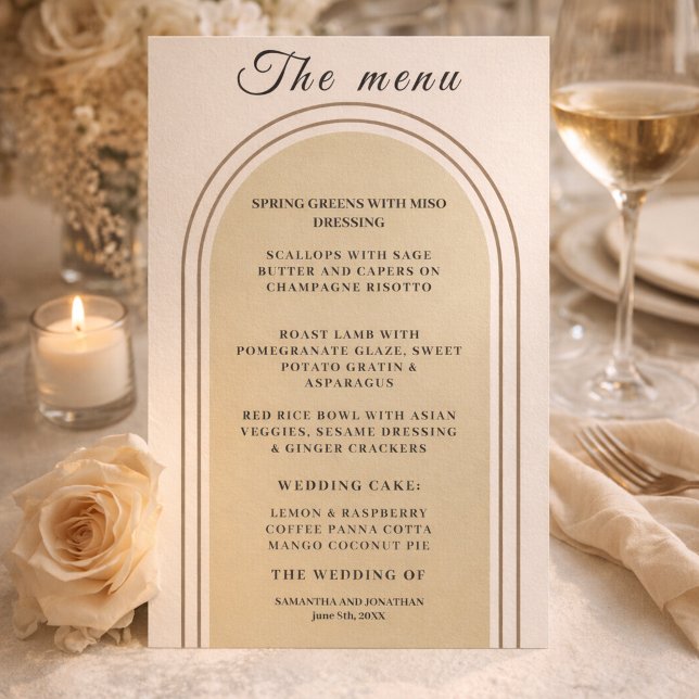Minimalist Elegant Sand Beige Bogen Hochzeitsmenü (Minimalist Elegant Sand Beige Arch Wedding Menu Card)