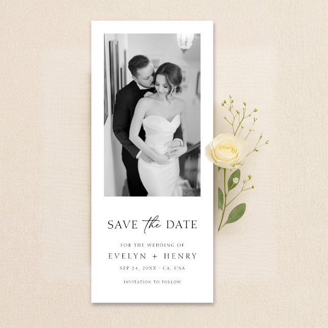 Minimalist Elegant Script Black and White Photo Save The Date (Von Creator hochgeladen)