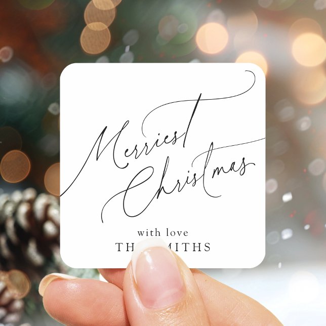 Minimalist Elegant Script Merriest Christmas Quadratischer Aufkleber (Minimalist Elegant Script Merriest Christmas Square Sticker)