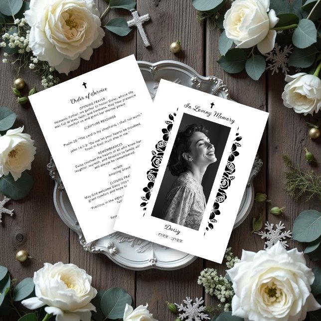 Minimalist Exquisite Floral Black & White Floral Programm (Exquisite Minimalist Floral Black & White Floral Garlands Funeral Programs.)