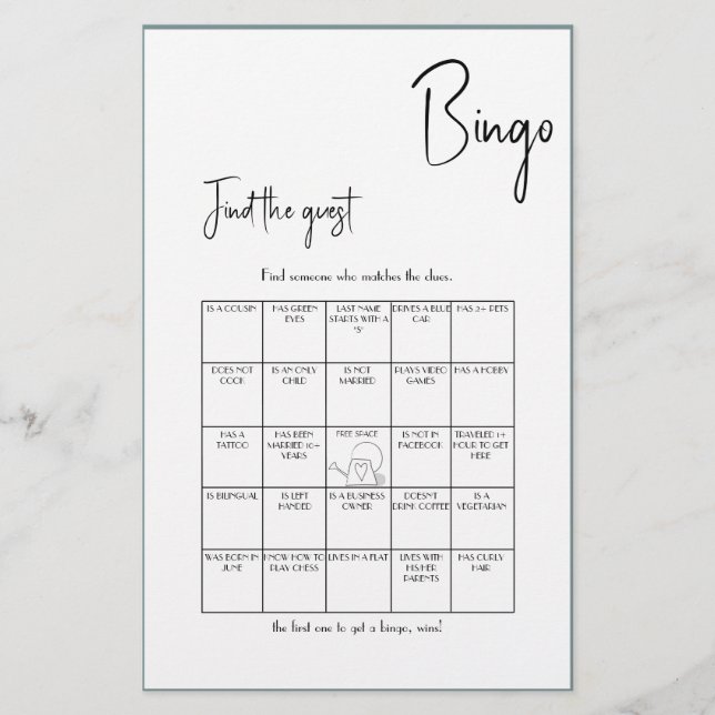 Minimalist Find the Guest Bingo - Schwarze Edition Flyer (Vorne)
