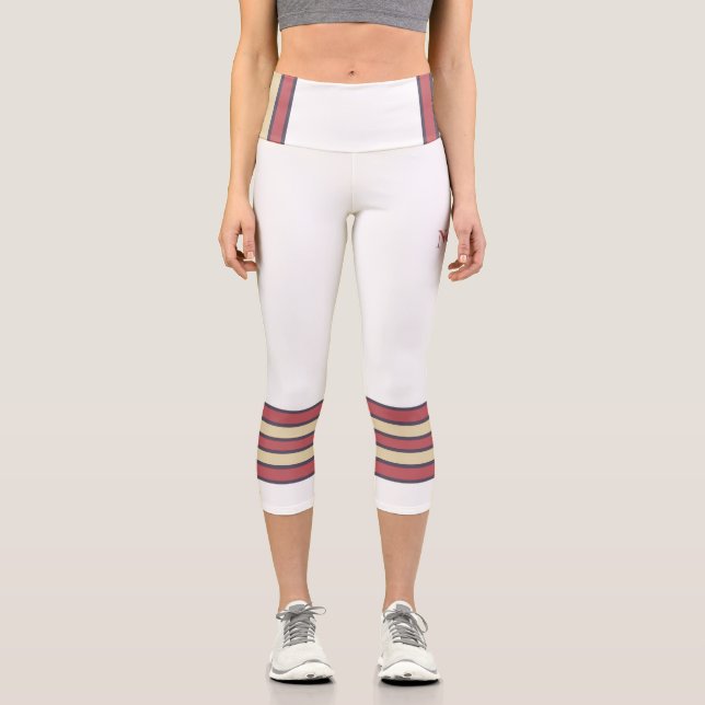 Minimalist, Five Retro Stripes, Text on White Capri Leggings (Vorderseite)