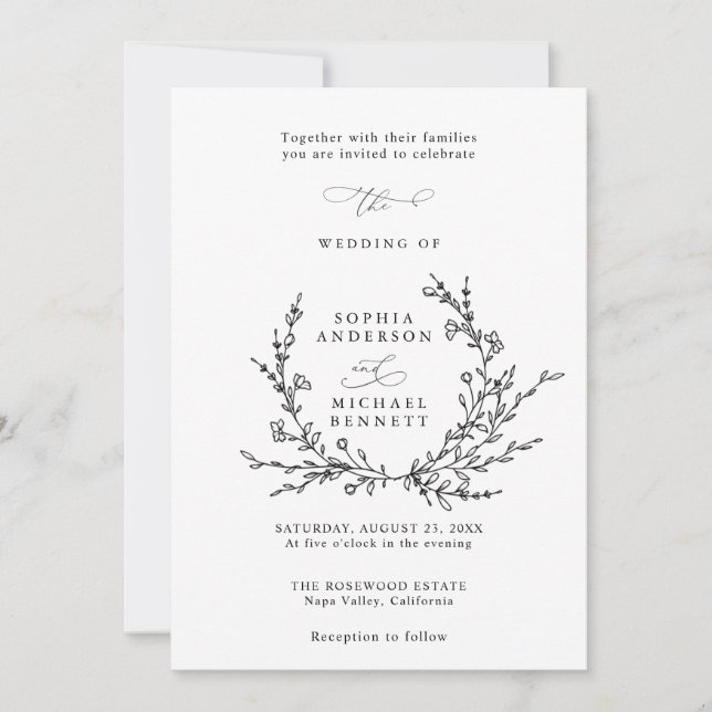 Minimalist Floral Line Art Wedding Invitation Einladung (Vorderseite)