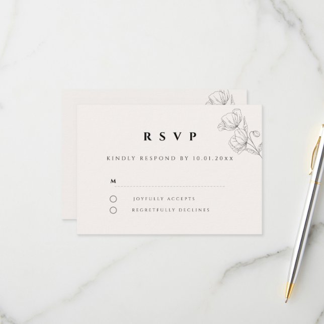 Minimalist Floral Line Art Wedding RSVP Card (Vorderseite/Rückseite Beispiel)