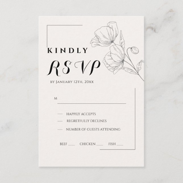 Minimalist Floral Line Art Wedding RSVP Card Karte (Vorderseite)