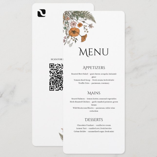 Minimalist Floral Restaurant Or Wedding Menu Programm (Vorne/Hinten)