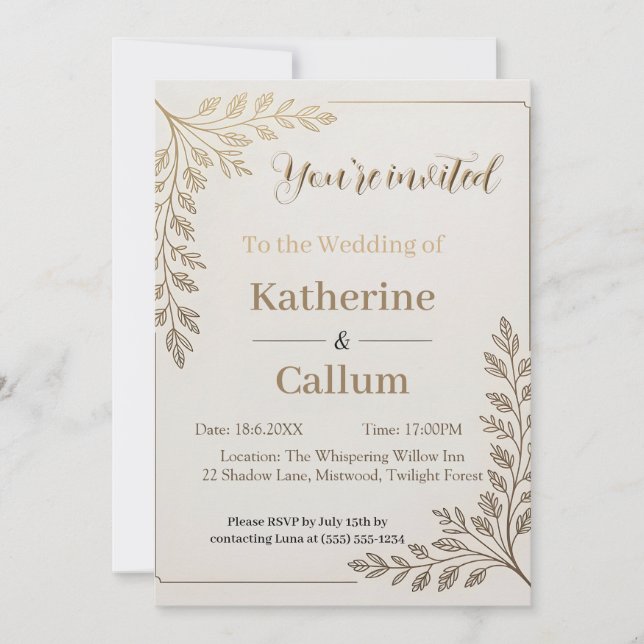 Minimalist Floral Wedding Design with Gold Leaf Einladung (Vorderseite)