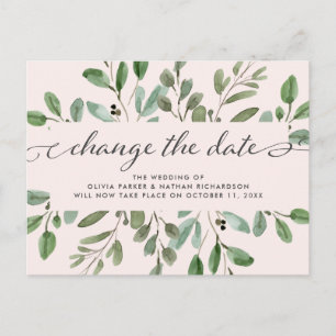 Minimalist Foliage Blush Hochzeit Datum ändern Ankündigungspostkarte