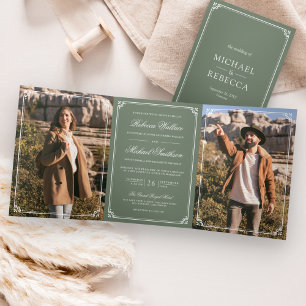 Minimalist Foto Salbei Grün Weiße QR Code Hochzeit Dreifach Gefaltete Einladung